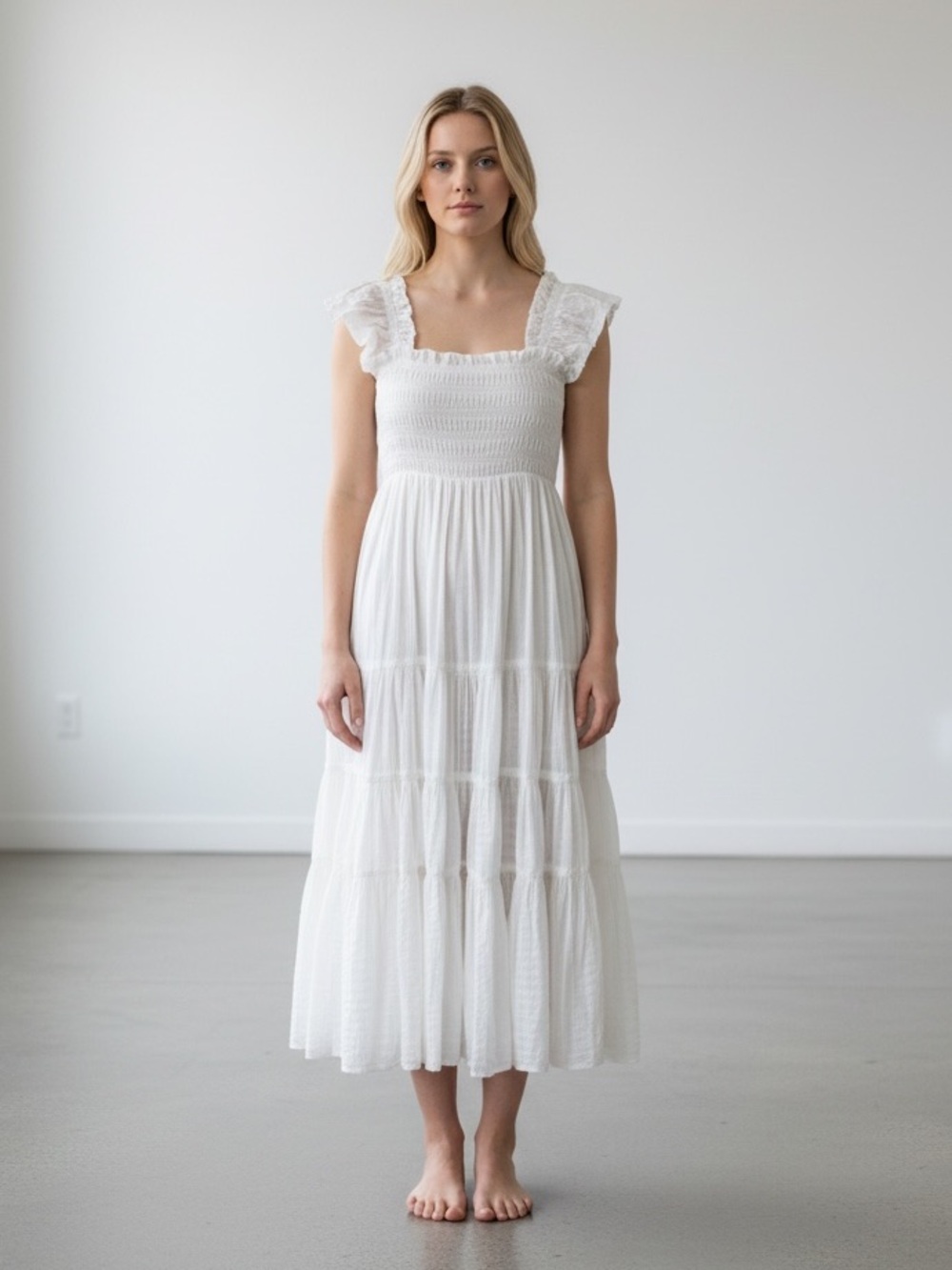 Mable REMINGTON SMOCKING MAXI DRESS White Size Medium Bridal Windowpane